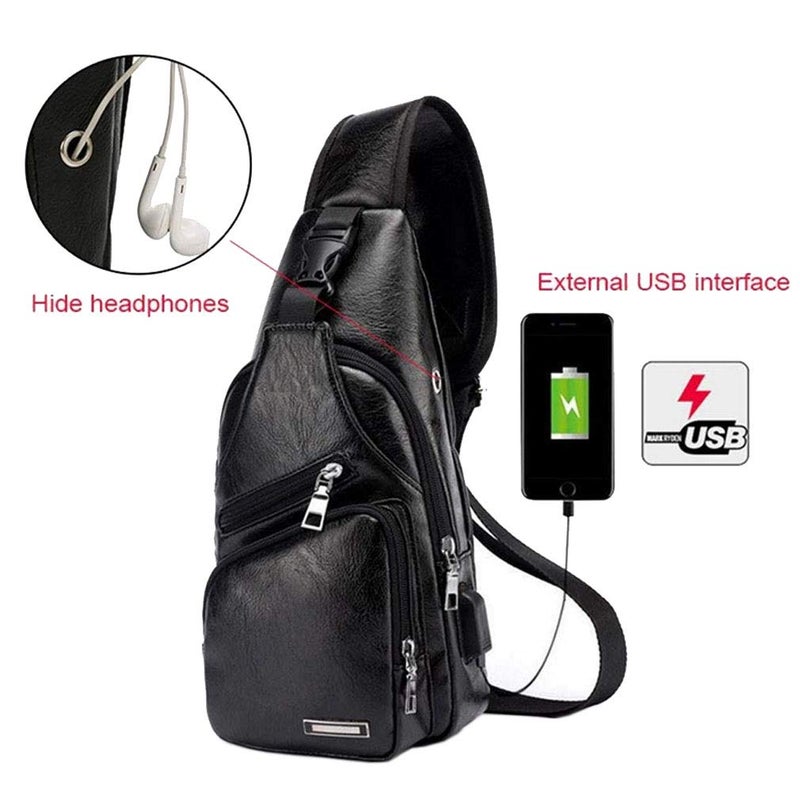Hebetag Leather Sling Crossbody Bag Travel Backpack for Men Women Small Shoulder Pack Chest Bags with USB Charging Port Outdoor Hiking Camping Daypacks Black - Image 3